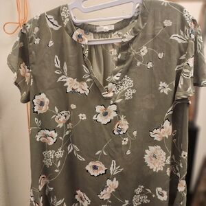 Women's Olive Green Floral V-Neck Blouse